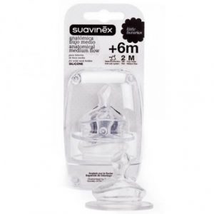 حلمة سيليكون فسيولوجية من سوافينكس برقبة واسعة وتدفق متوسط ​​لمدة 6 أشهر + – Suavinex Physiological silicone teat wide neck medium flow 6 months +