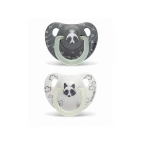 لهايات سوافينكس نايت آند داي من السيليكون التشريحي 6-18 شهرًا ، راكون 2 قطعة – Suavinex Night & Day, Anatomic Silicone Soothers 6-18m, Racoon 2pcs