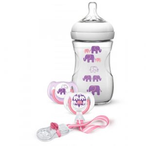 مجموعة هدايا رضاعة مع لهاية بتصميم الفيل من فيليبس افينت ، فتاة – Philips Avent Elephant Design Gift Set, Girl