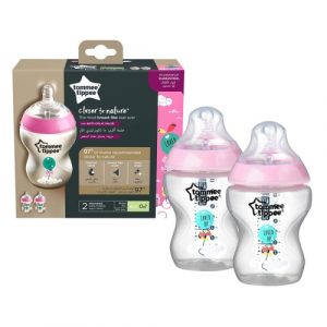 زجاجة رضاعة كلوزر تو نيتشر مزينة باللون الوردي من تومي تيبي ، عدد 2 زجاجة ، 260 مل – Tommee Tippee Closer to Nature Baby Bottle Decorated Pink, X2 Bottles, 260 ml
