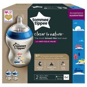 زجاجة رضاعة كلوزر تو نيتشر مزينة باللون الأزرق من تومي تيبي ، زجاجة X2 ، 260 مل – Tommee Tippee Closer to Nature Baby Bottle Decorated Blue, X2 Bottles, 260 ml