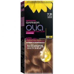 صبغة الشعر الخالية من الامونيا، اشقر، 7.31، 209 غ من غارنييه – Garnier Olia No Ammonia Permanent Brilliant Color Oil-Rich Permanent Hair Color 7.31 Almond 209g