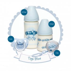 طقم سوافينكس (رضاعة 270 مل + رضاعة 150 مل + لهاية 0-6 شهر +مشبك لهاية مدور ) زرقاء – Suavinex Set (270ml Bottle + 150ml Bottle + Soother 0-6 M + Round Clip) Blue