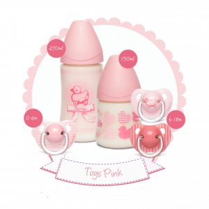 طقم سوافينكس (رضاعة 270 مل + رضاعة 150 مل +  لهايتان 6-18 شهر +لهاية 0-6 أشهر) وردي – Suavinex Set (270ml Bottle + 150ml Bottle + 2 Soother 6-18M + Soother 0-6 Months) Pink